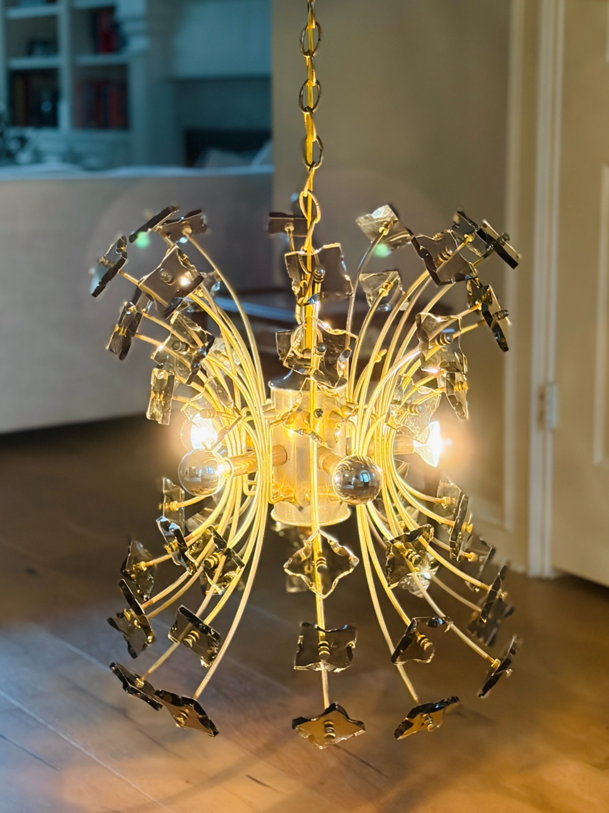 1970s Italian Smoked Glass Chrome Sputnik Chandelier Fontana Arte Attrib