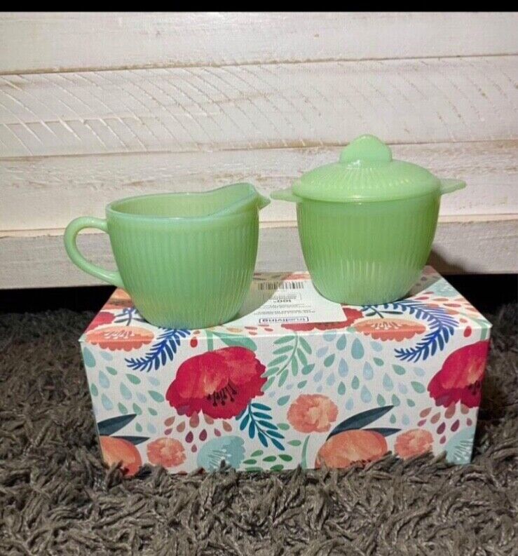 Vintage Fire King Jadeite Jane Ray Cream and Sugar With Lid Ribbed Oven Ware 
