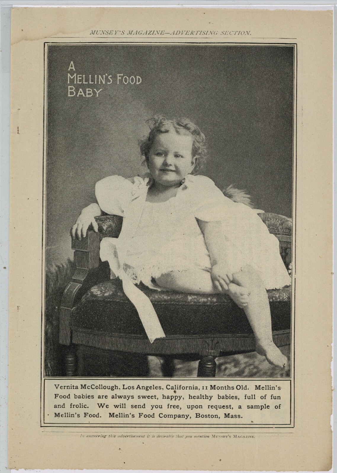 1899 Mellin's Food Co. Ad: Vernita McCollough, Los Angeles - Mellins Food Baby