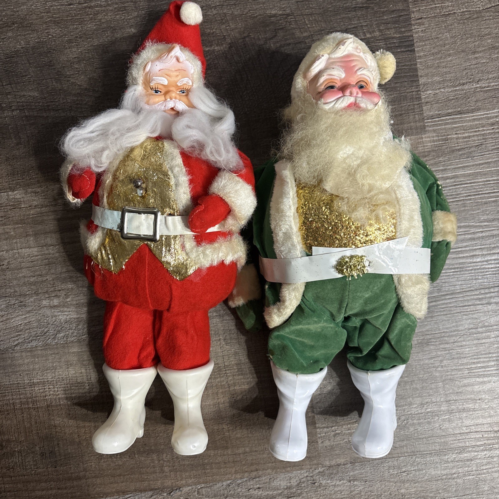 Vintage Harold Gale Teem Soda Green Santa Claus And Red Santa With Glitter Belly