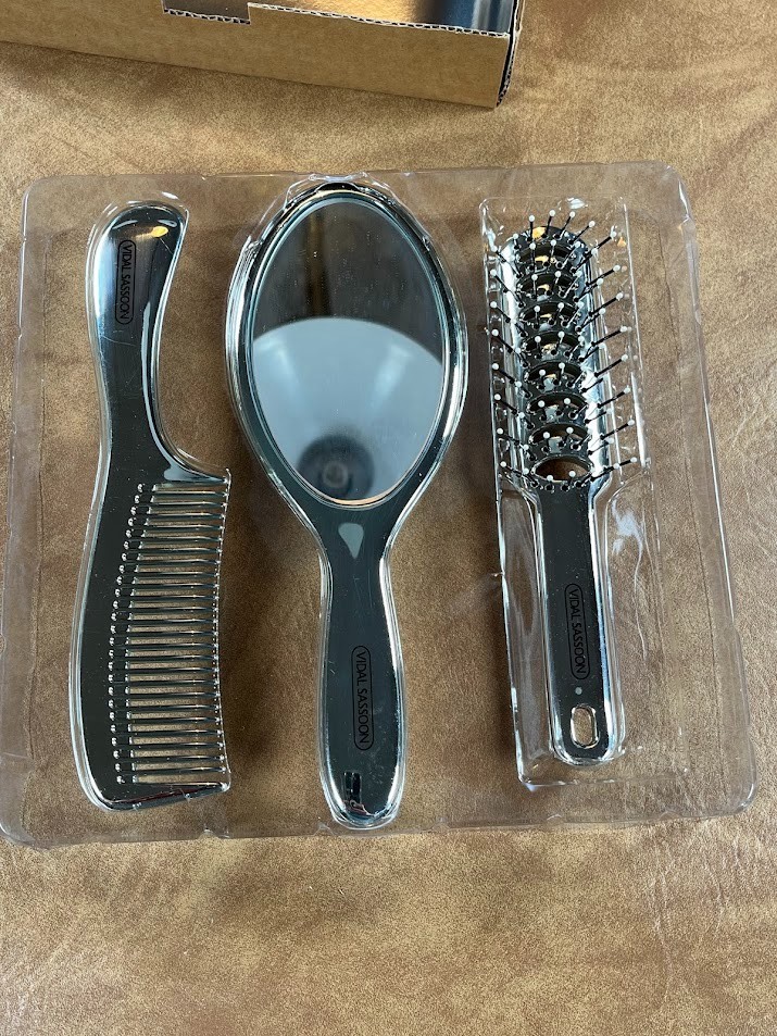 VTG 90\'s Vidal Sassoon Metallic Plastic 3 Piece Vanity Set Brush Comb Mirror
