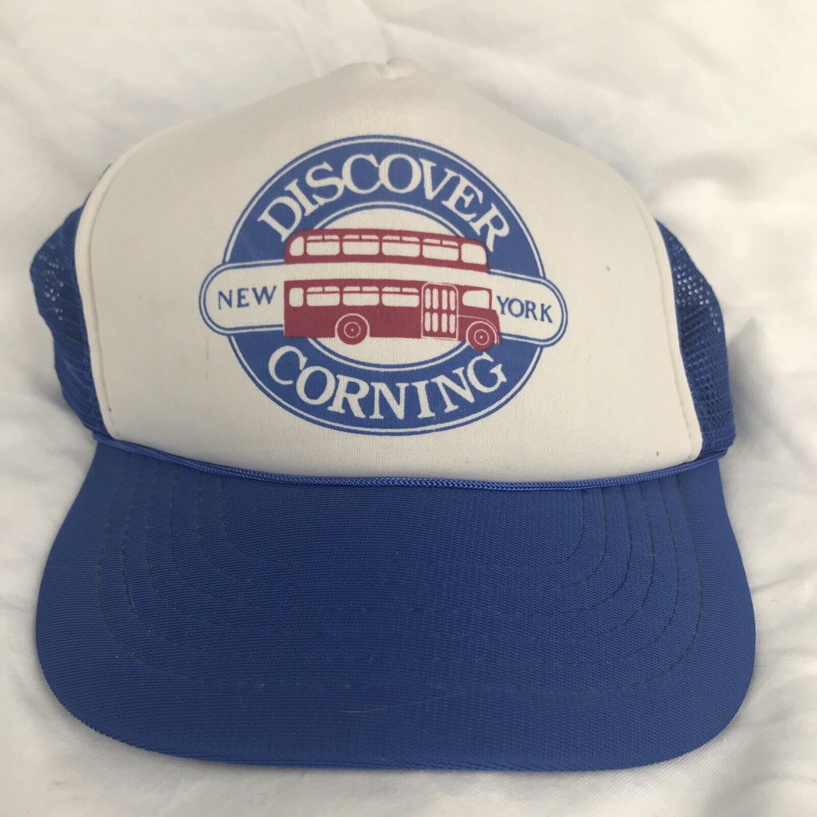 Corning New York Trucker Hat Vintage Tourism Double Decker Bus Souvenir