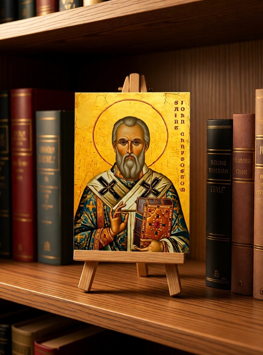 Saint John Chrysostom Masterpiece Hardwood Icon | Handmade | Byzantine Art