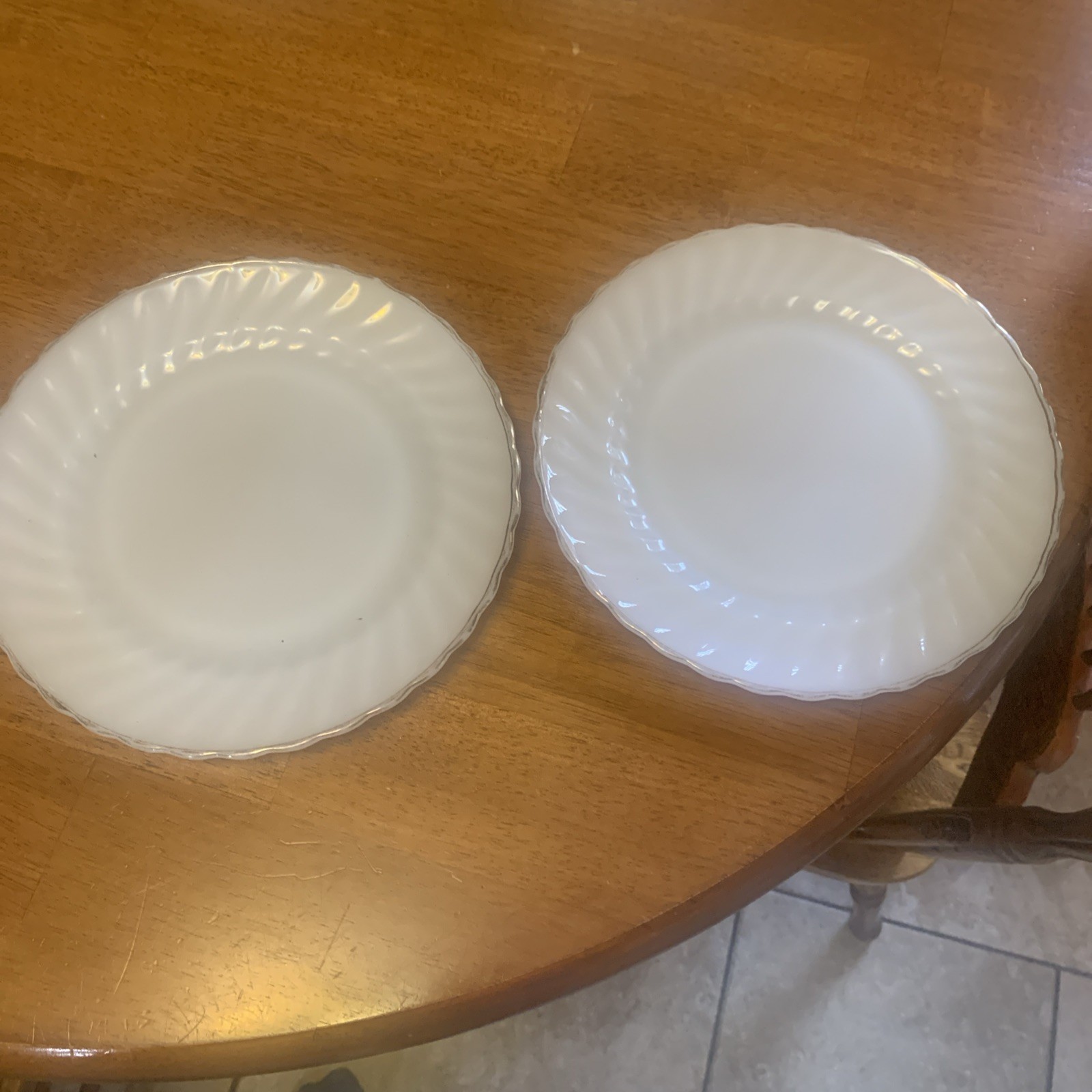 2 Anchor Hocking White Fire King Gold Rim Swirl Milk Glass 10\