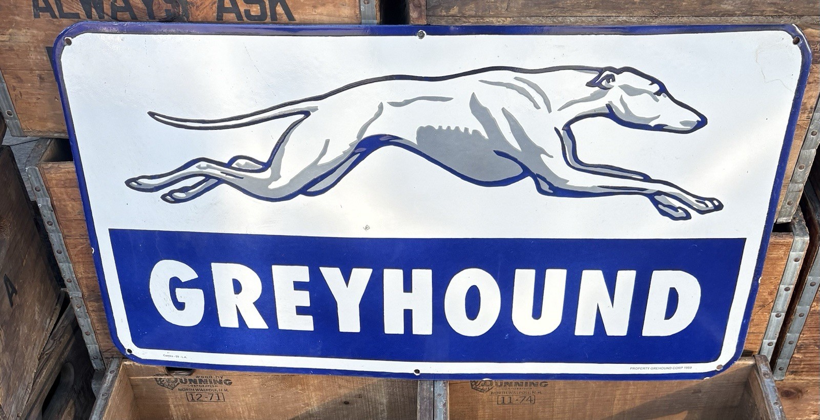 Vtg GREYHOUND PORCELAIN SIGN 1959 LA BUS LINE TRANSIT Advertising 31X16