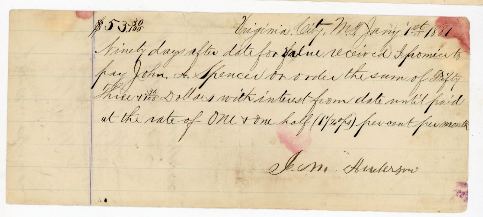 1881 Virginia City Montana Promissory Note J M Anderson John A Spencer Signed