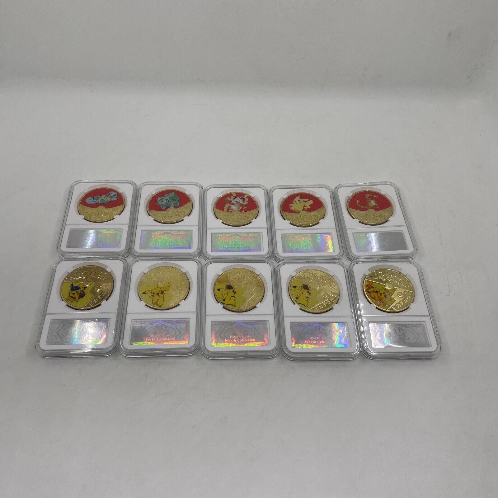 10pc Poke-men Metal Anime coin Pikachuu Charizardd coin with display case