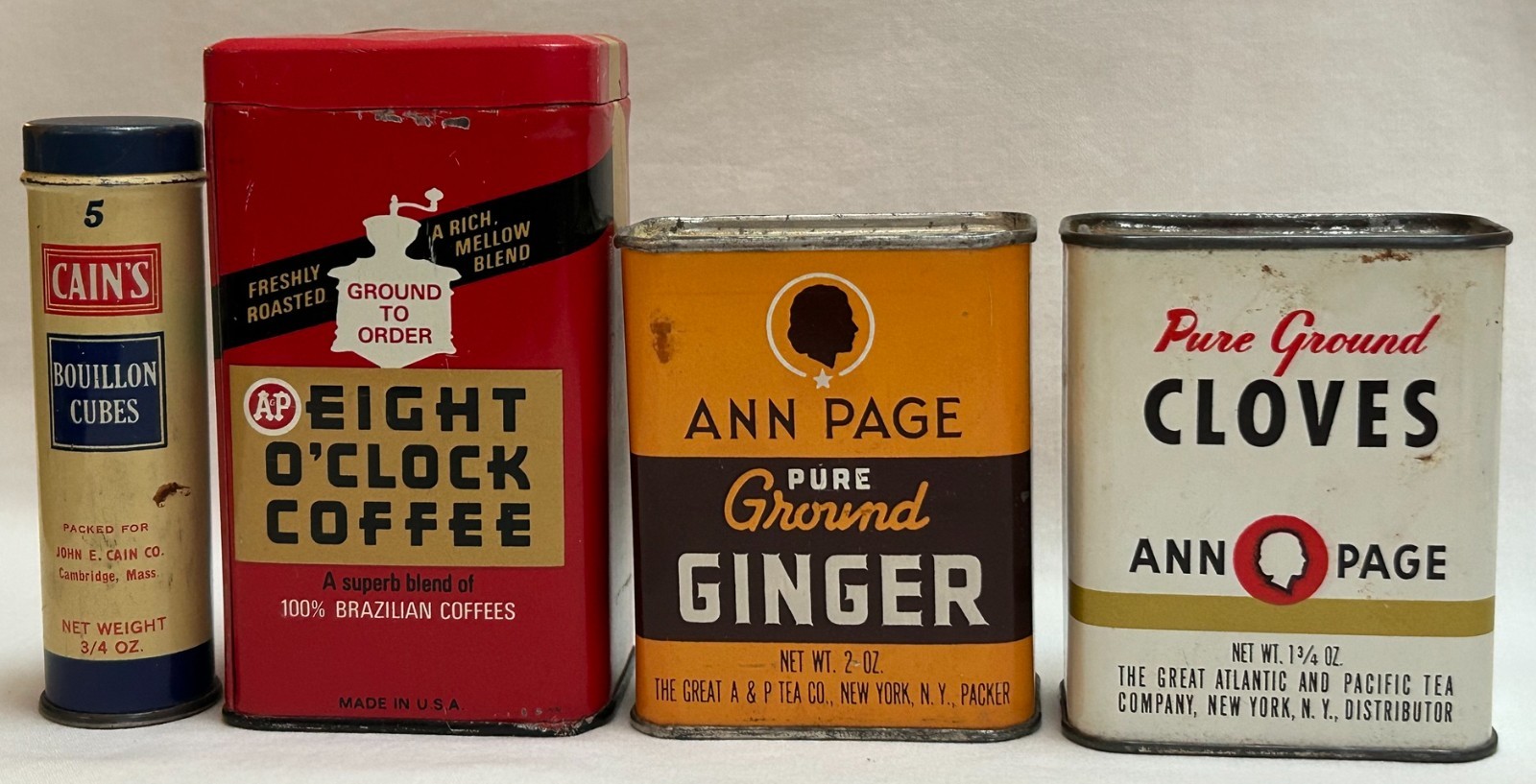 4 Vintage Tins Cain's Cubes, Eight O'Clock Coffee Bank, Ann Page Ginger & Cloves