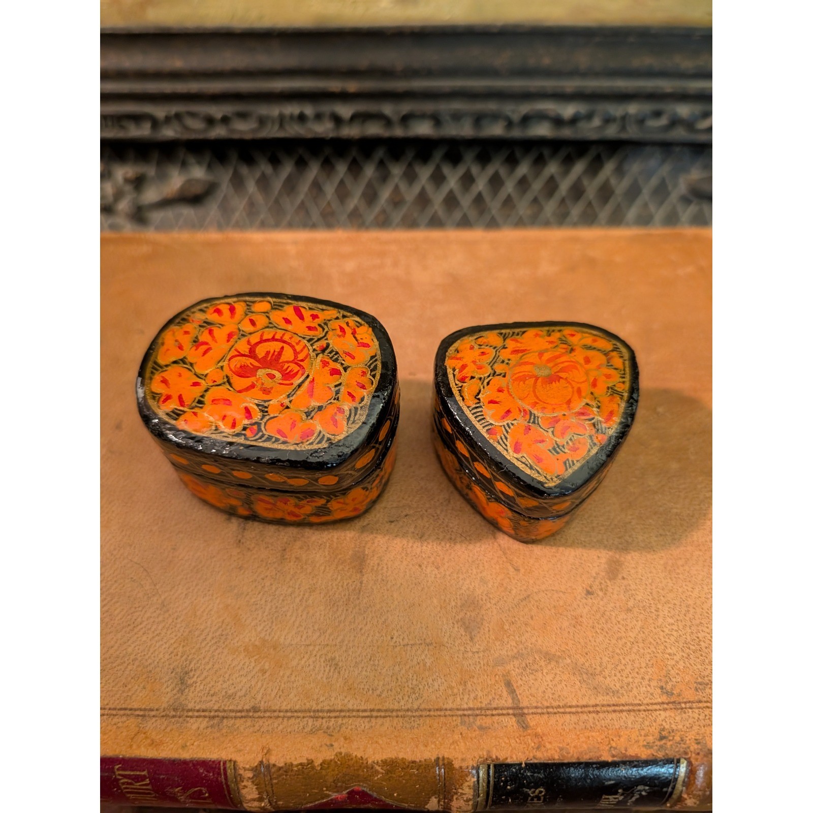 Vintage Kashmiri Papier Mache Trinket Box Set Hand Painted Floral Black Orange