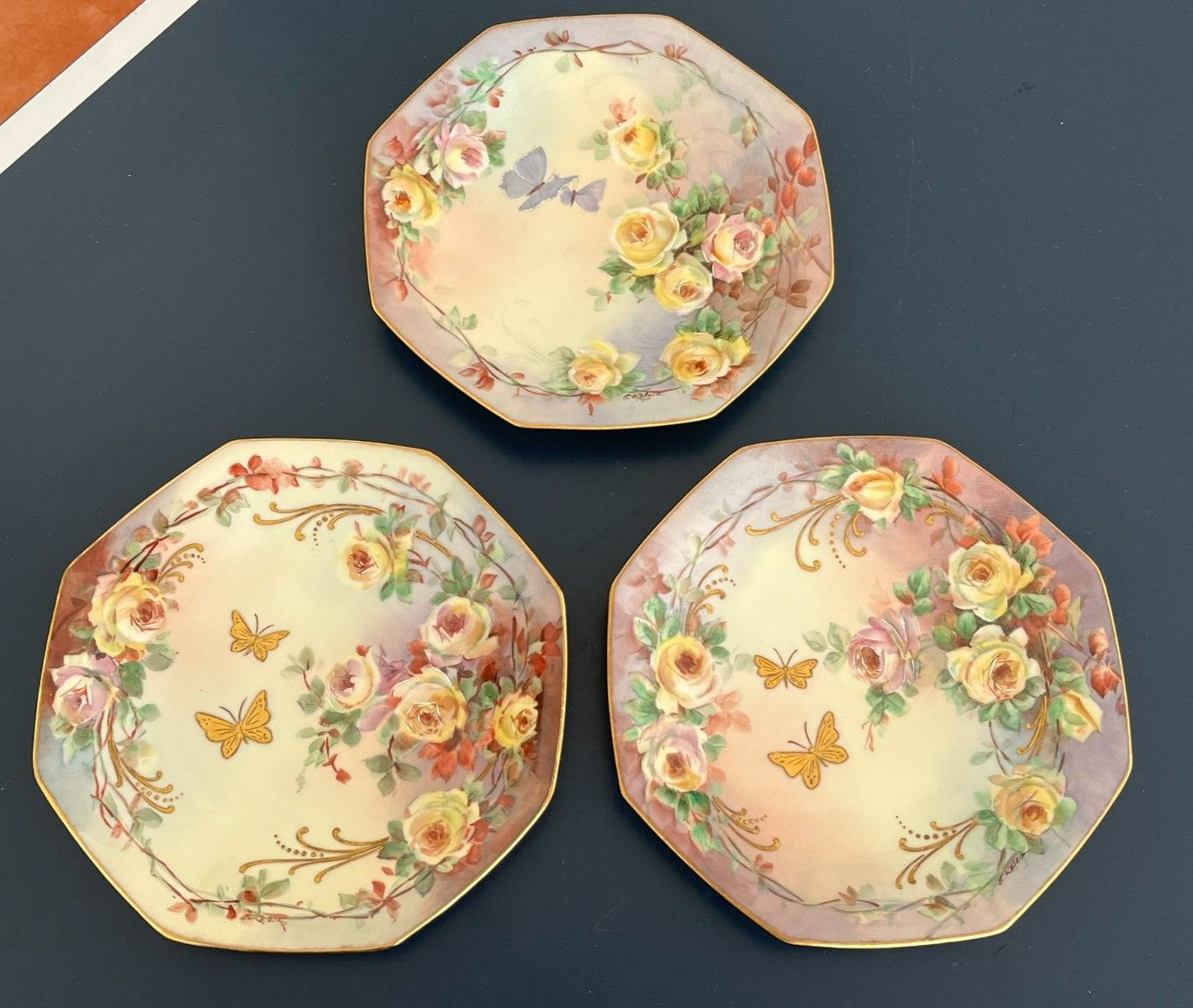 SET 3 ANTIQUE TRESSEMANN & VOGT T&V LIMOGES HP ROSES BUTTERFLIES PLATES SIGNED