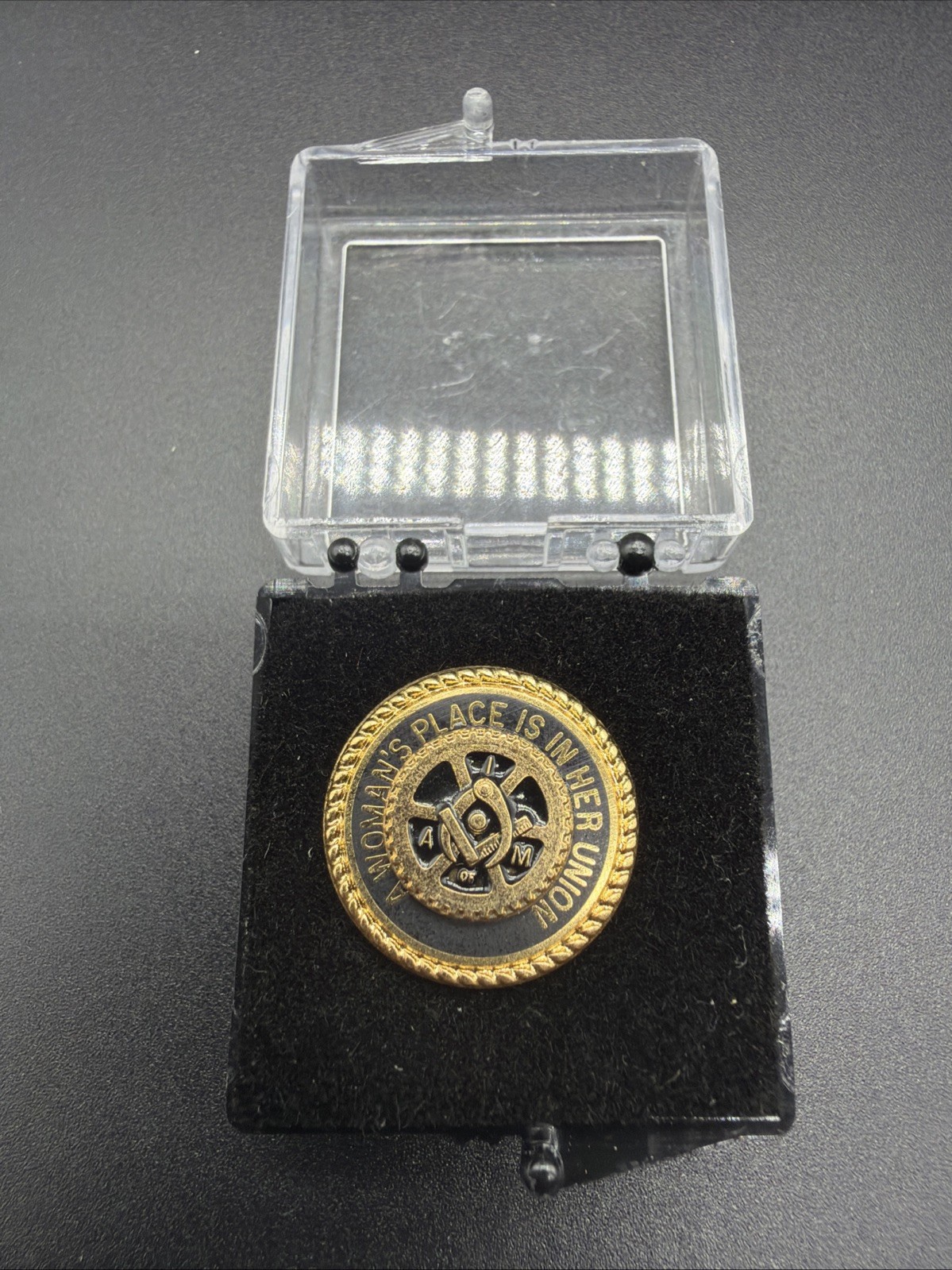 VINTAGE BASTIAN BROS IAMAW MACHINISTS UNION A WOMANS PLACE IN HER UNION PIN NOS