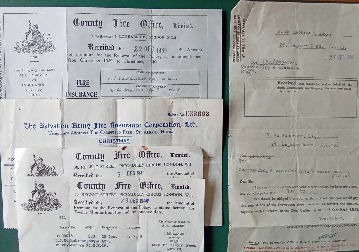 H2 4 x Vintage Fire Insurance Certificates And Boiler Service Receipt 1939-1949