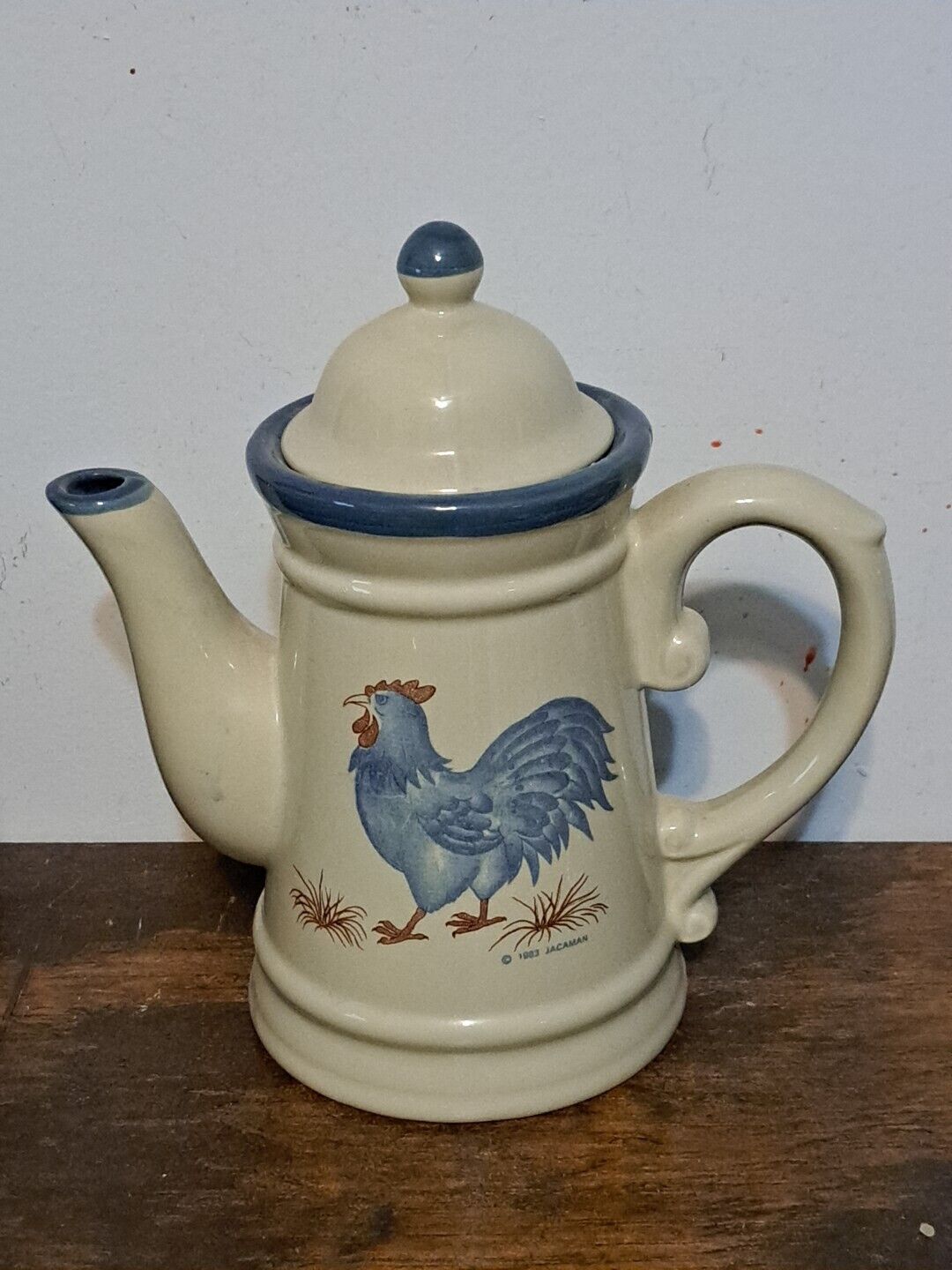 Vintage 1983 Jacaman Pottery Blue Rooster Teapot with Lid 9\