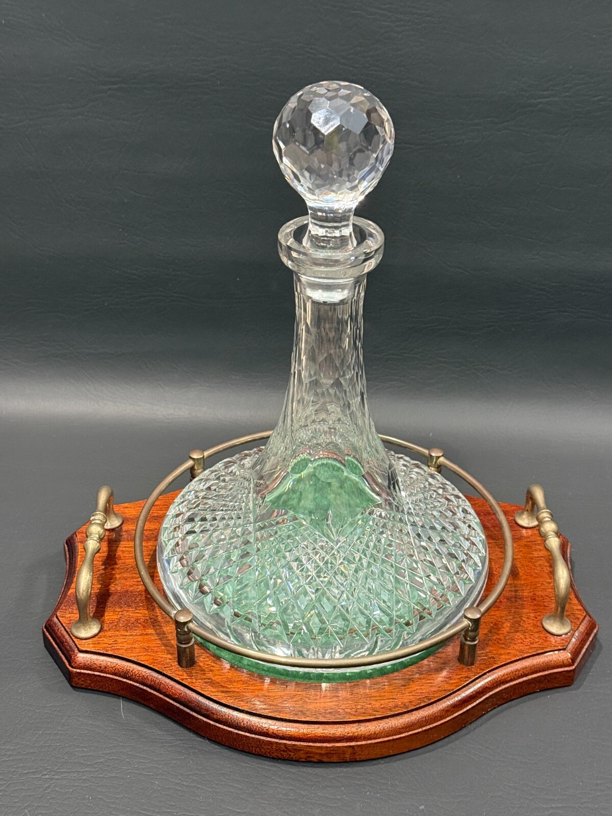 Vintage Very Rare Kilkenny Cut Glass Ship\'s Decanter with Stopper & Wooden Tray