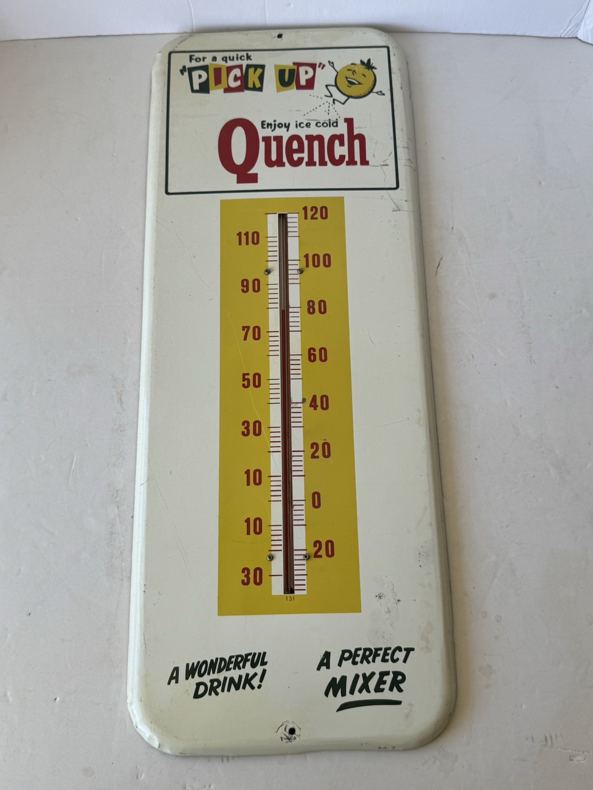 vintage metallic/tin advertising thermometer for Quench, soft drink brand Used