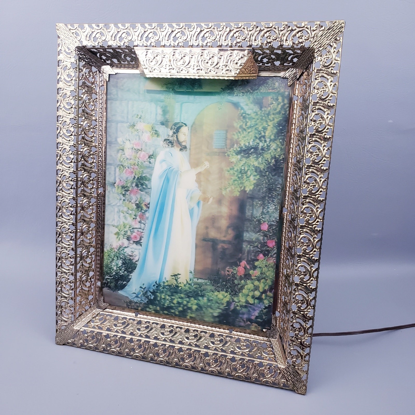Vintage 3D Holographic Lighted Frame of Jesus Knocking at the Door