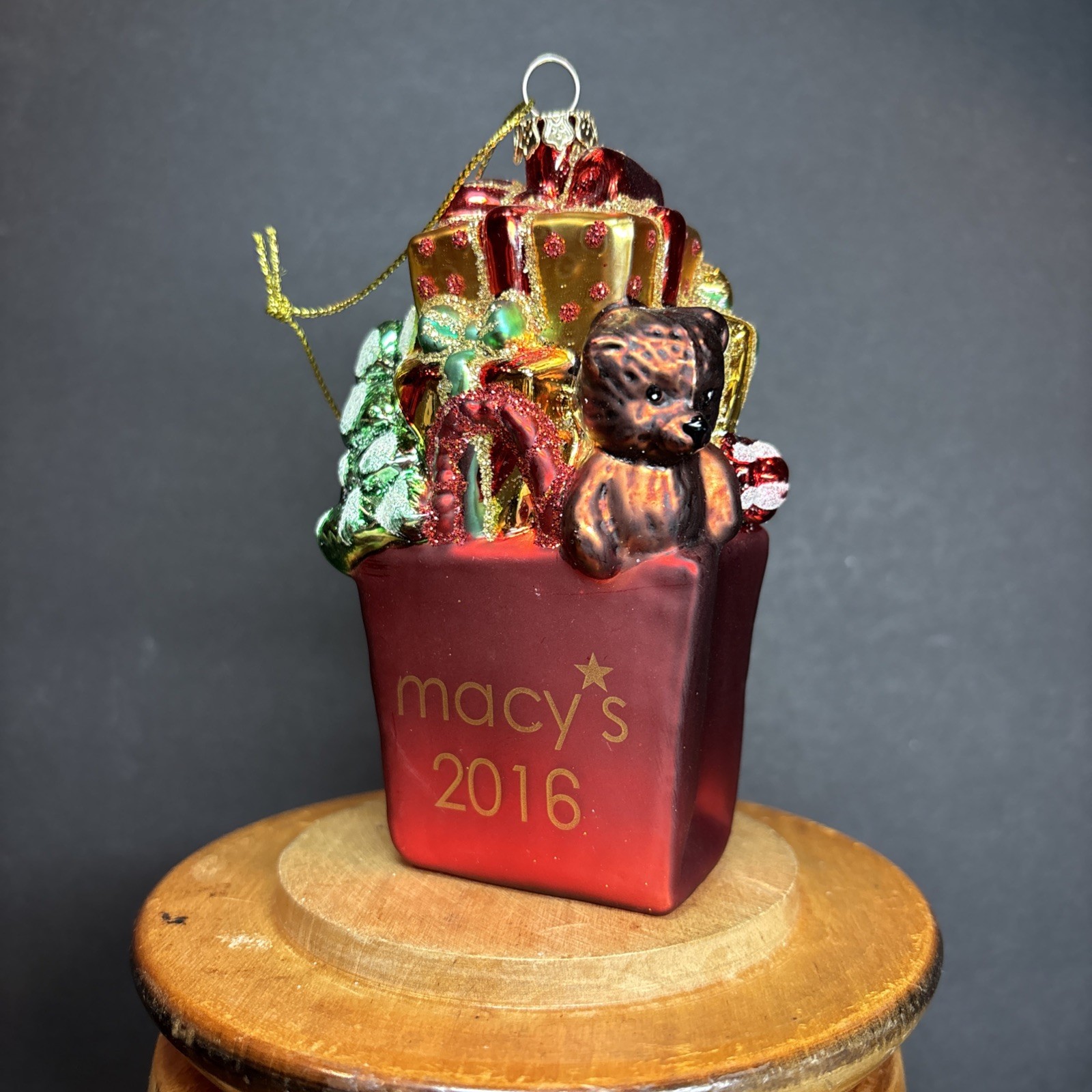 Macy\'s Holiday Lane 2016 Bag of Gifts Glass Christmas Ornament 5\