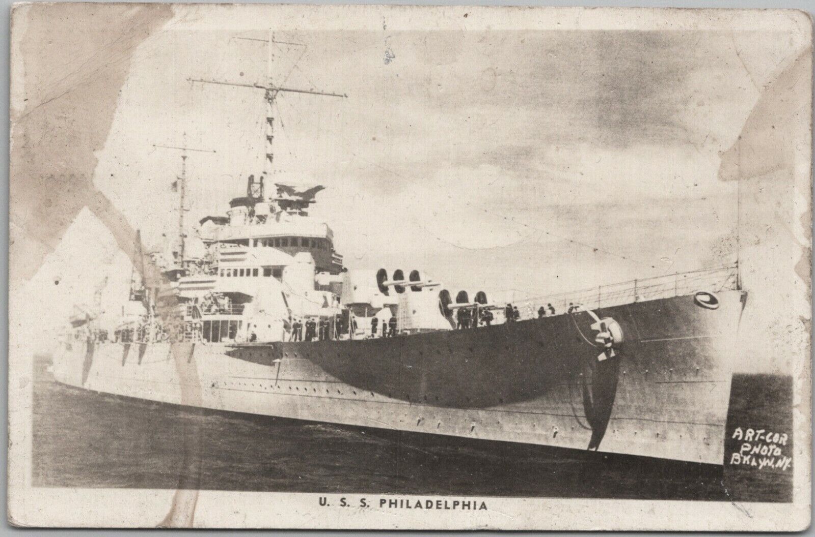 Postcard 1923 RPPC Ship USS Philadelphia Naval Vessel Ocean View         