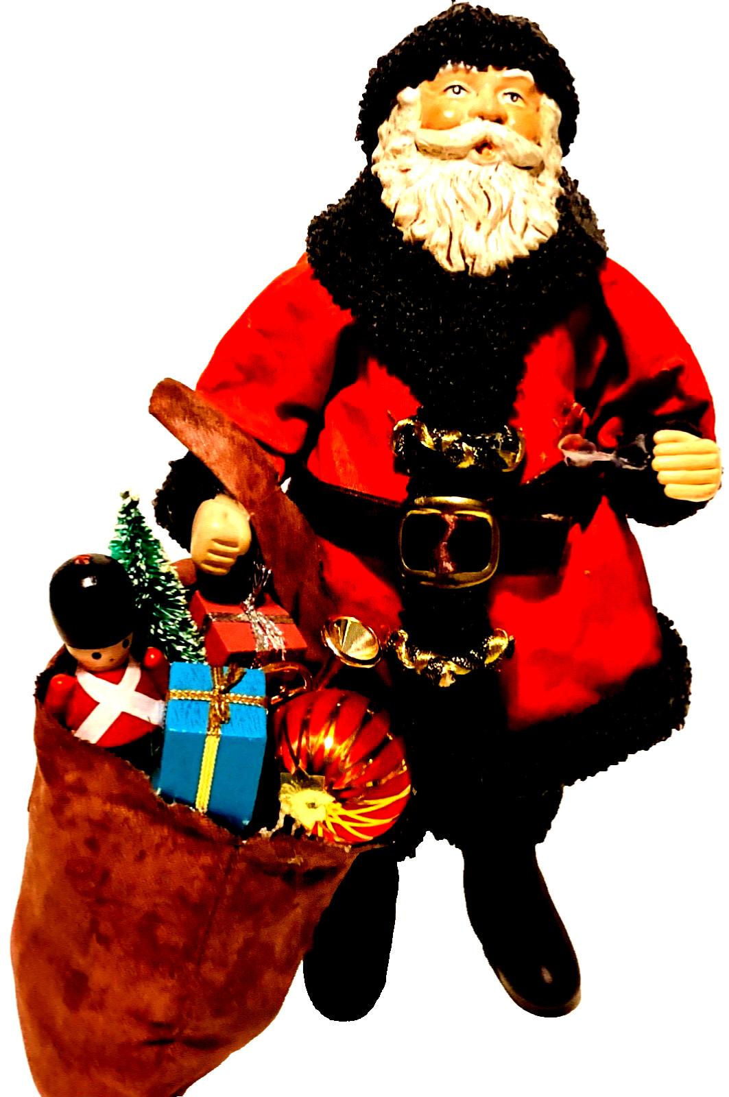 Santa Claus Figurine 10” Red Coat Black Trim Toy Sack Christmas Holiday Decor