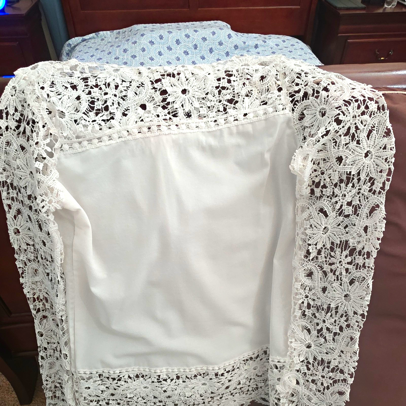 White Crochet Floral Lace & Cotton Rectangular Table Runner for Adult Decor