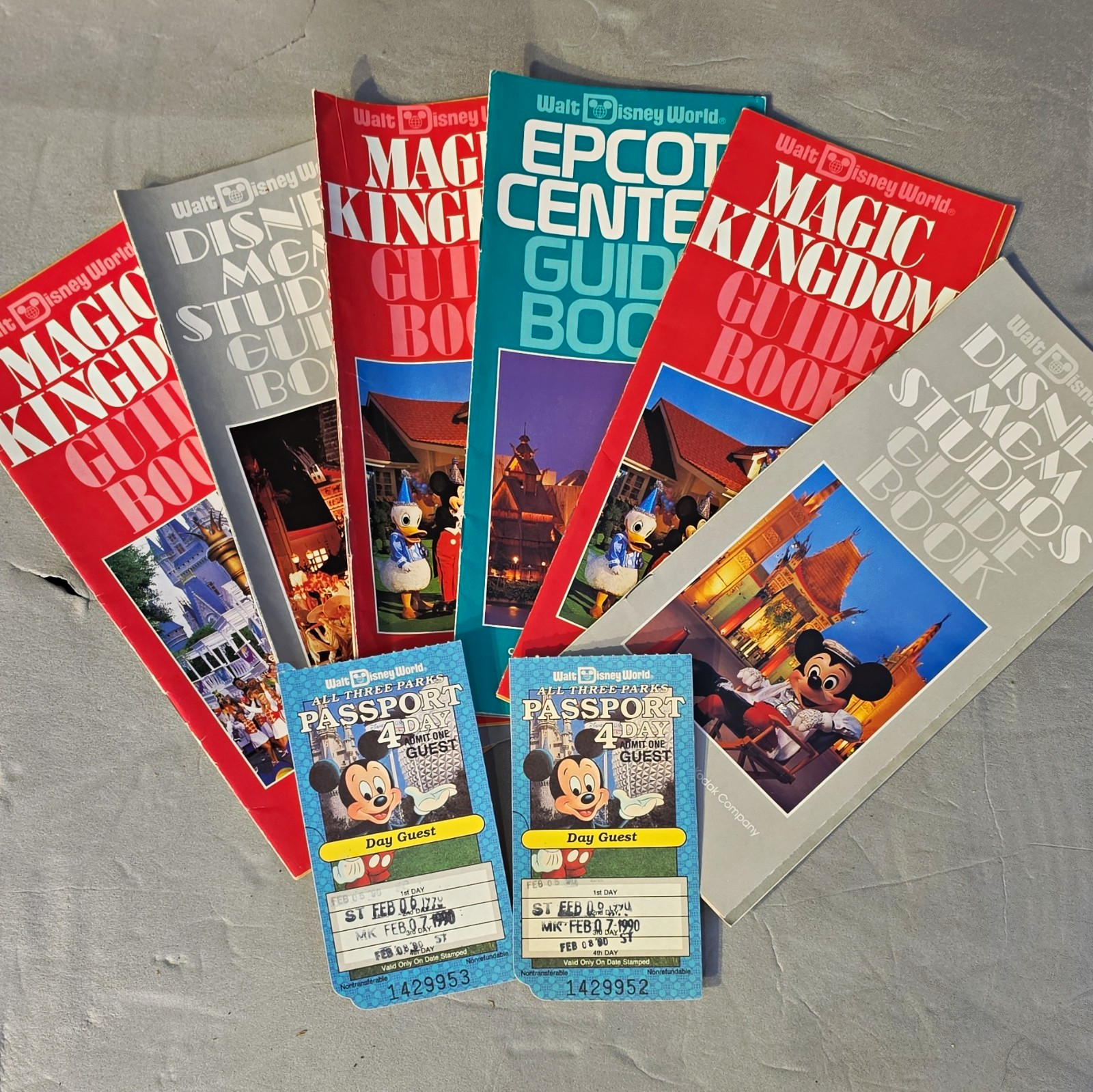 Disney 1989-1990 Walt Disney World Guide Books & 4-Day Passport Tickets