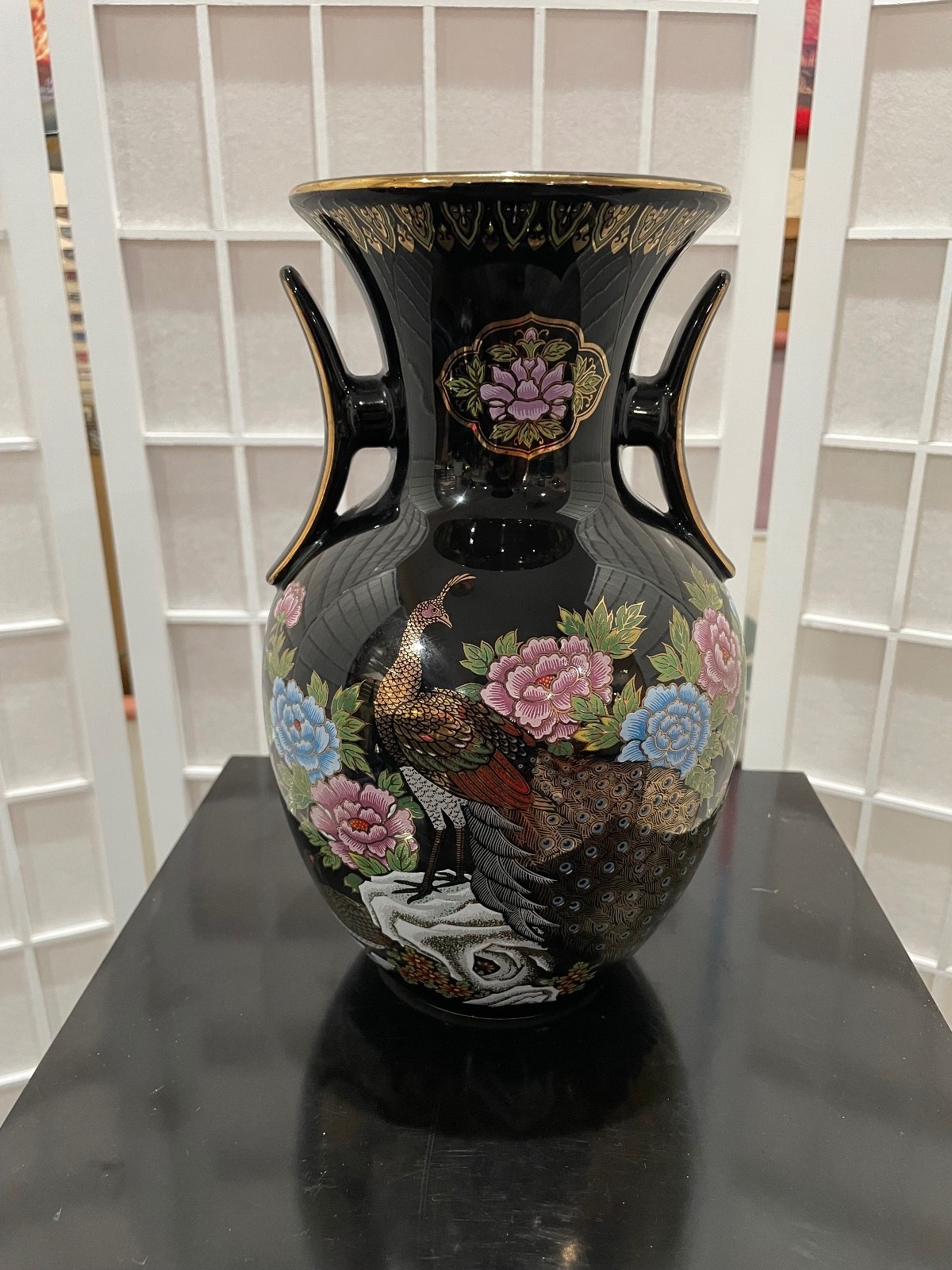 Vintage Japanese Black Ceramic Vase with Hand-Painted Peacock and Floral Design