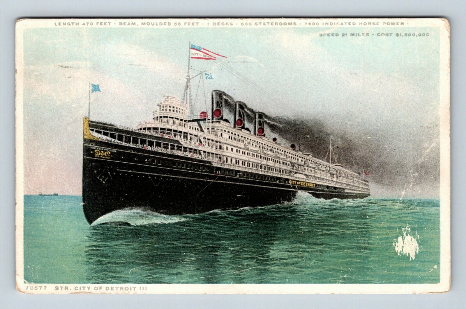 Steamer, City Detroit, c1919 Vintage Postcard