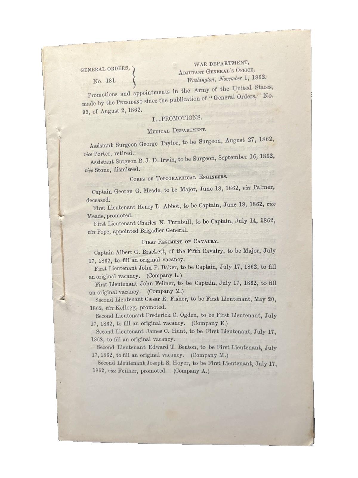 GEN. GEORGE CUSTER ORIGINAL 1862 WAR DEPT. ISSUED 51 PG. PROMOTIONS BOOKLET