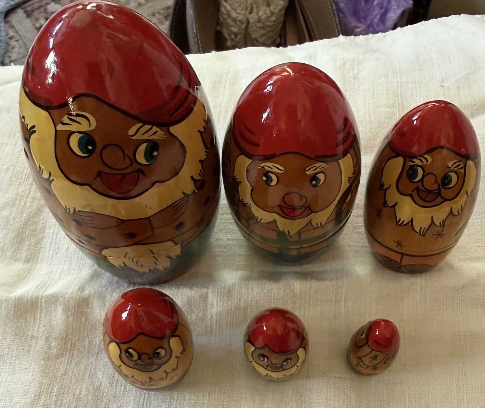 6  Vintage Hand Painted Russian Nesting Dolls Dwarfs /Gnomes