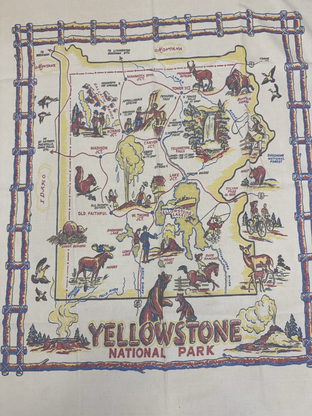 Vintage 40s 50s Souvenir Yellowstone National Park Tablecloth RARE