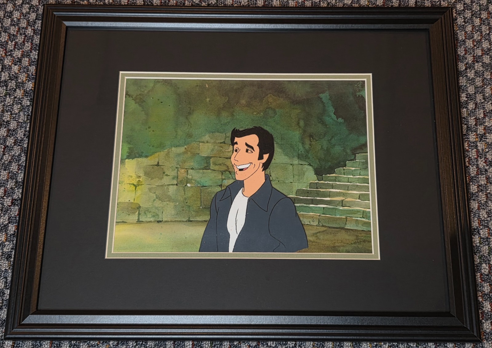 1980 PRODUCTION CEL OF THE FONZ ON HAND PAINTED SERIES BACKGROUND OBG WITH COA