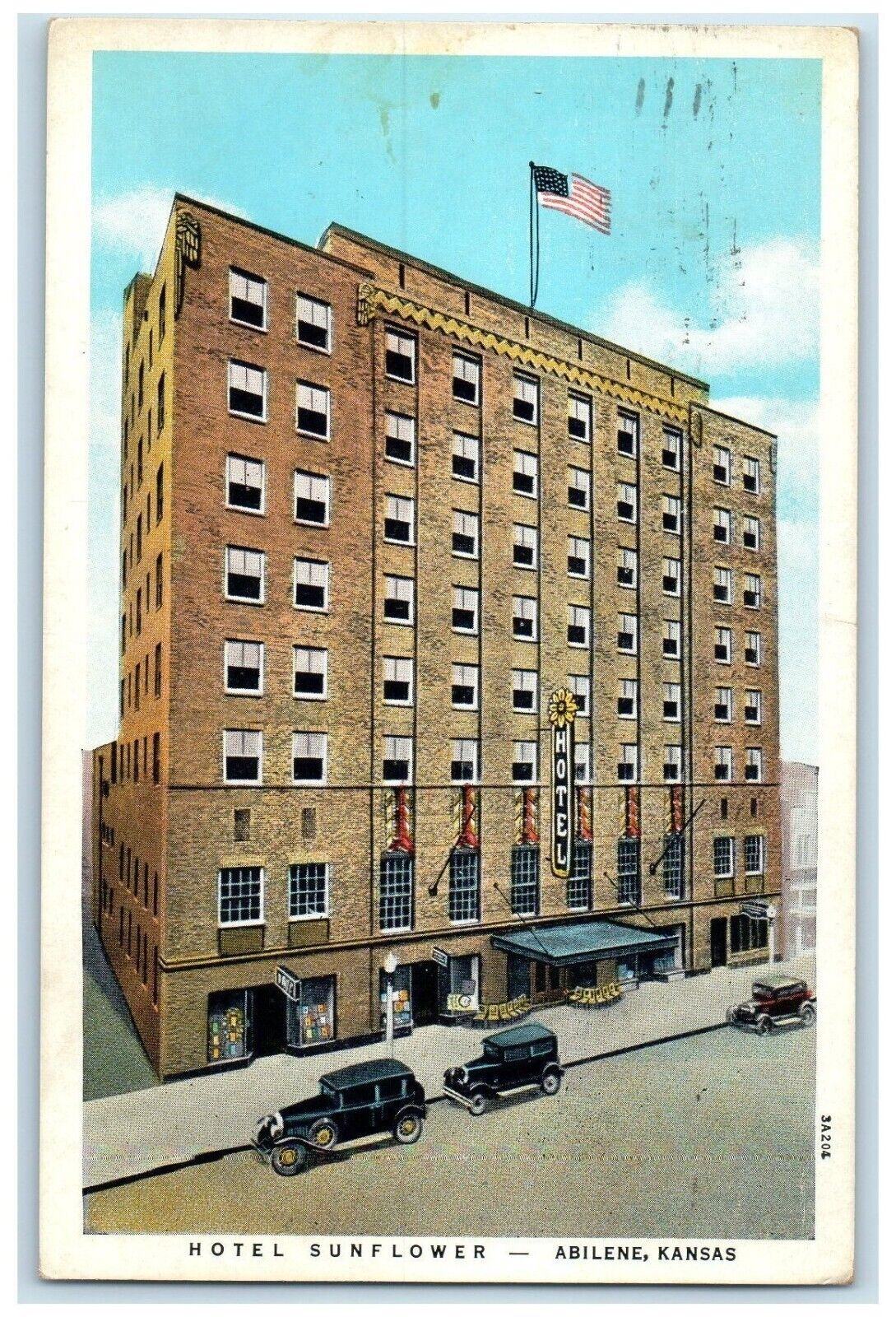 1935 Hotel Sunflower Building Cars Street View Abilene Kansas KS Posted Postcard