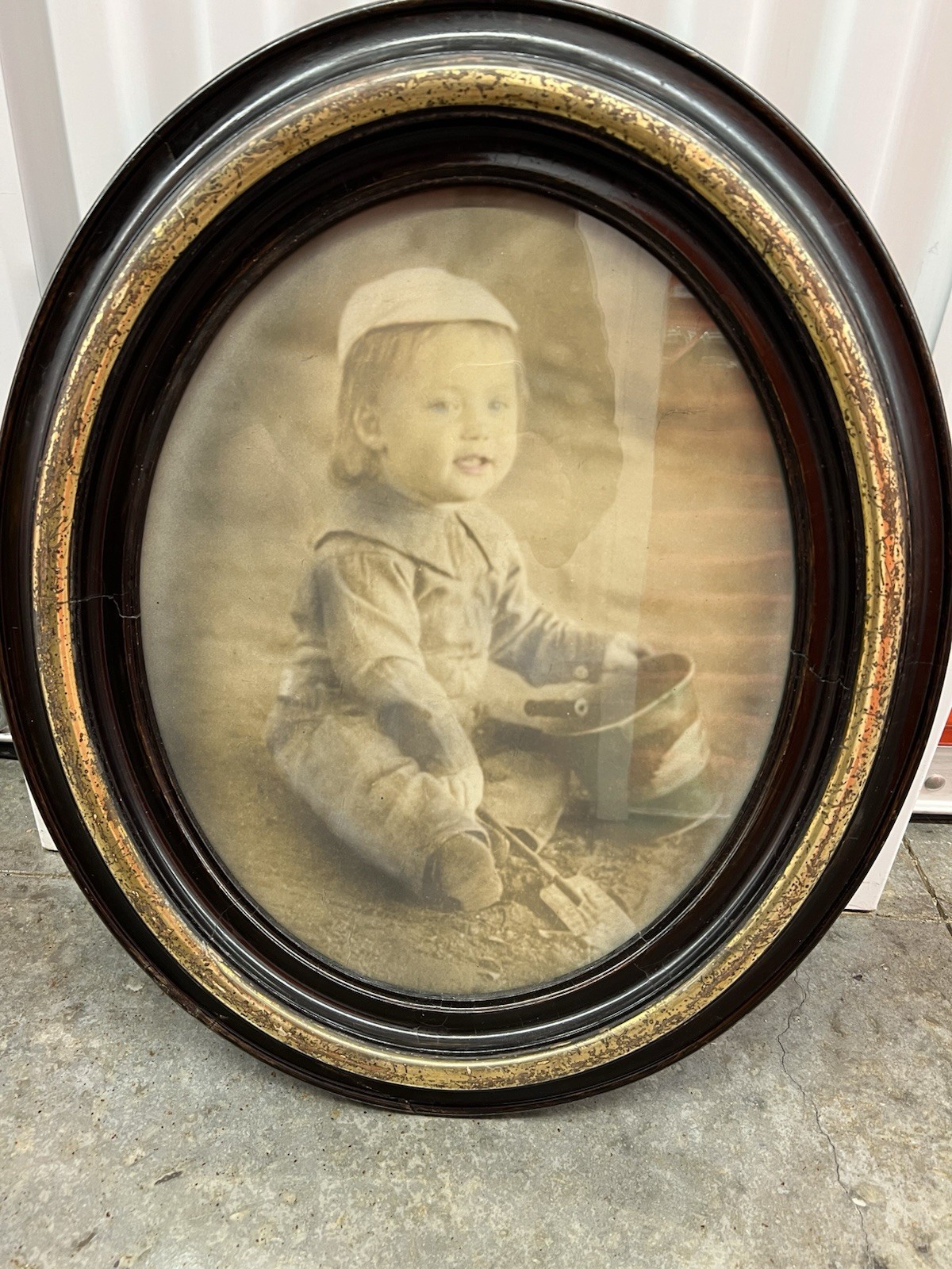 Stunning Antique Oval Portrait of Boy Playing in Dirt or Sand Early 20th Century