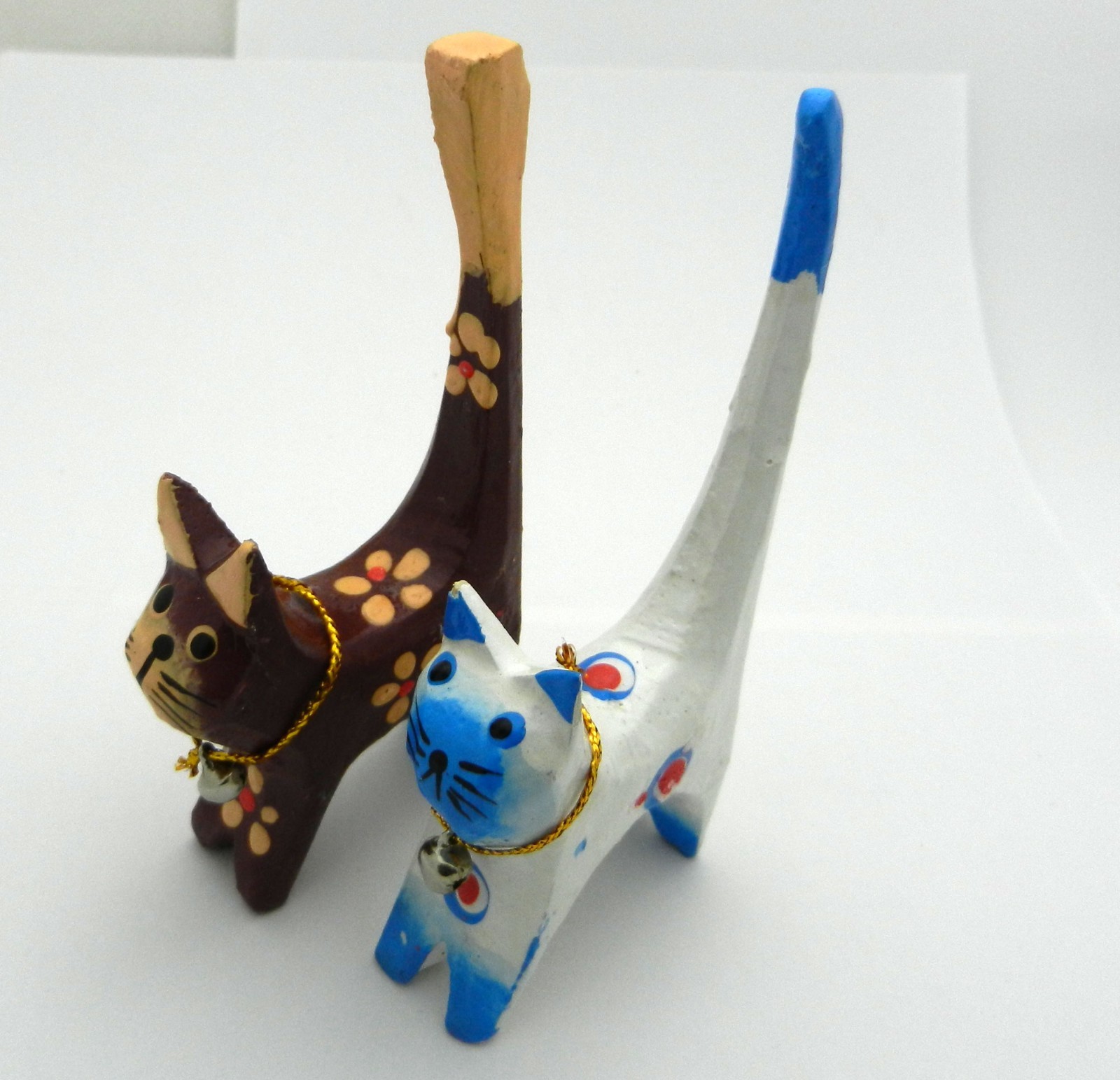 Long Tail Cat Folk Art Carved Wood Hand-painted Ring Holders Set of 2