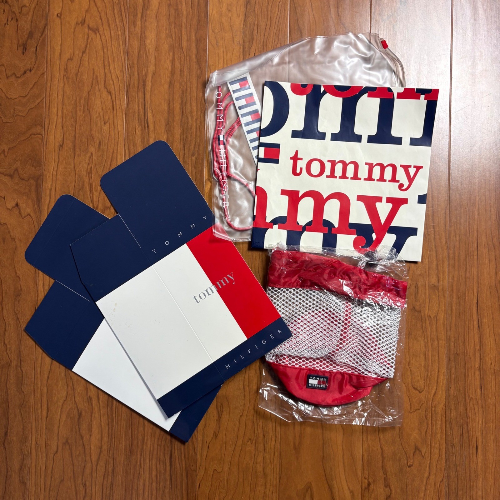 Vintage Tommy Hilfiger Promo Lot Mesh Cinch Bag Clear Pouch Stickers Box