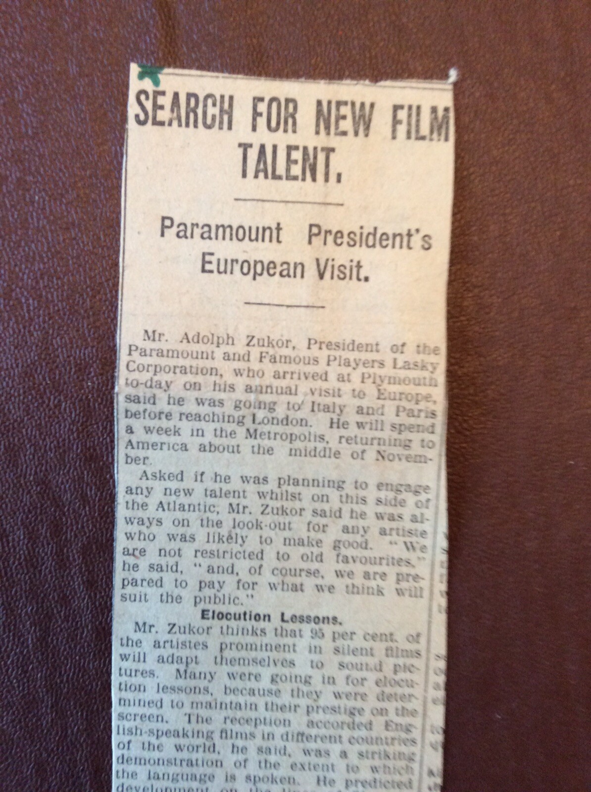 A2r Ephemera 1929 News Item Adolphe Zukor Paramount European Visit