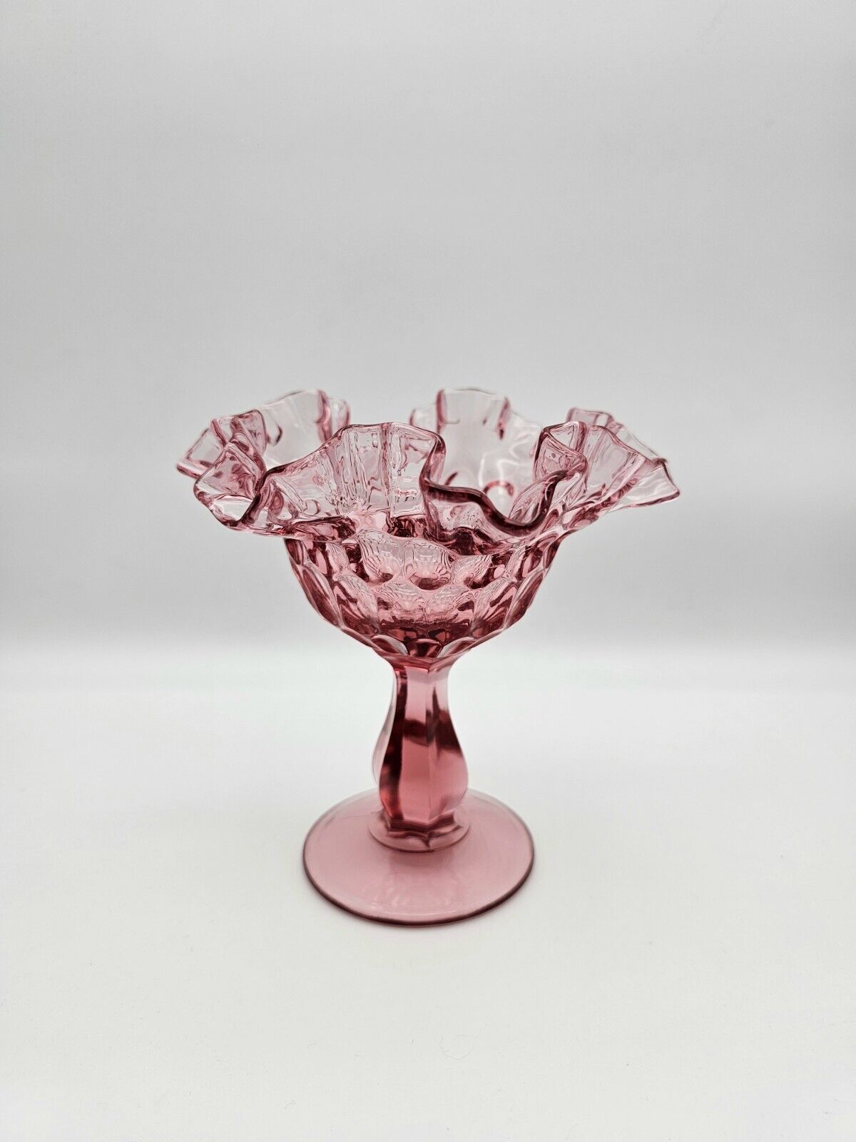 Fenton Colonial Pink Compote Thumbprint Pedestal Candy Dish Crimped Ruffled Edge