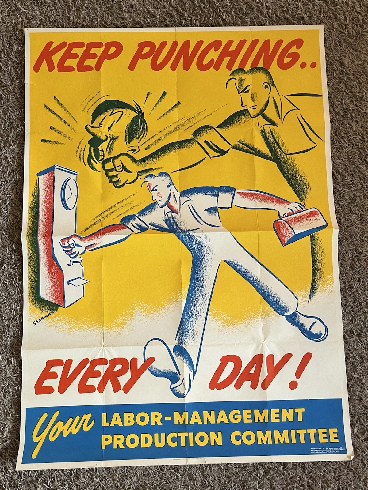 Original Vintage 1943 WWII War Poster Every Day Keep Punching Labor Propaganda