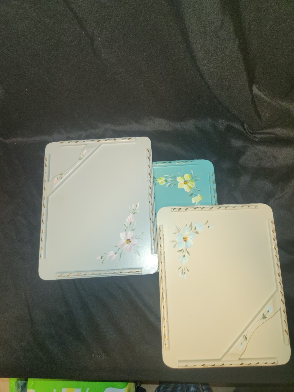 Vtg 40s Set of 3Antique Jerywil Japan Wood Toleware Tea Trays Hand Painted EUC