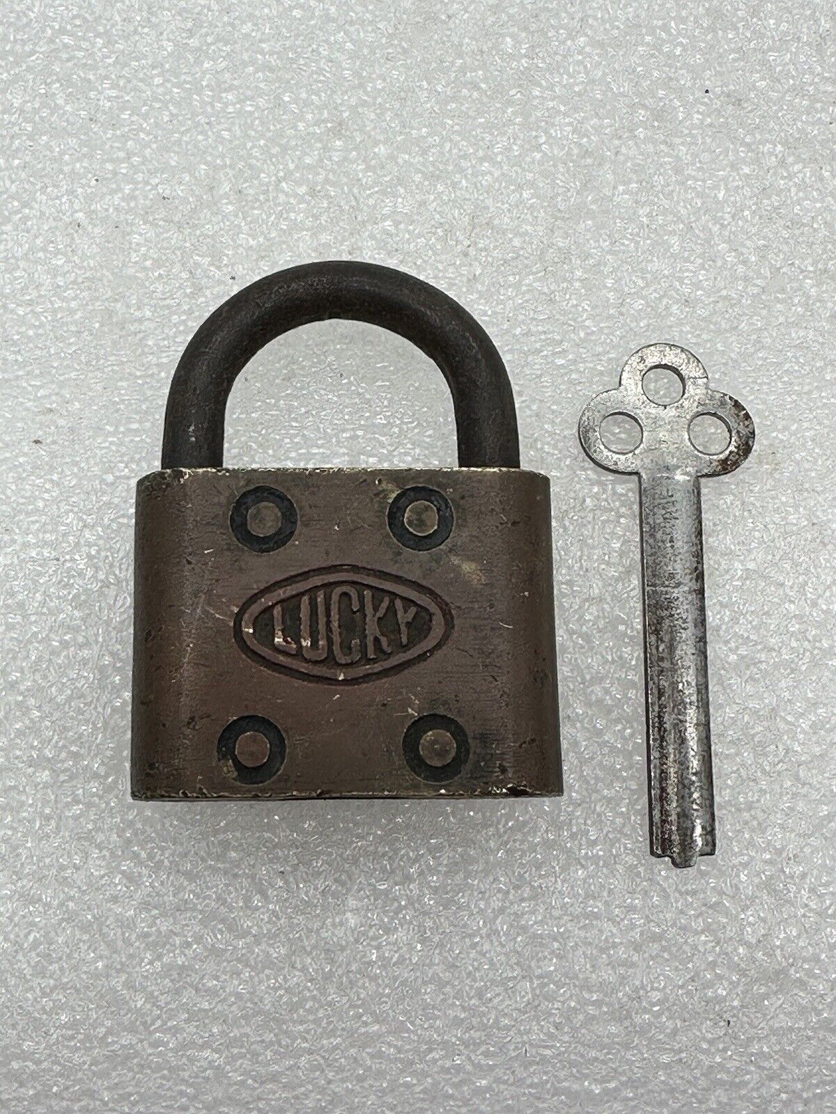 Antique Brass Padlock Stamped Lucky With Key