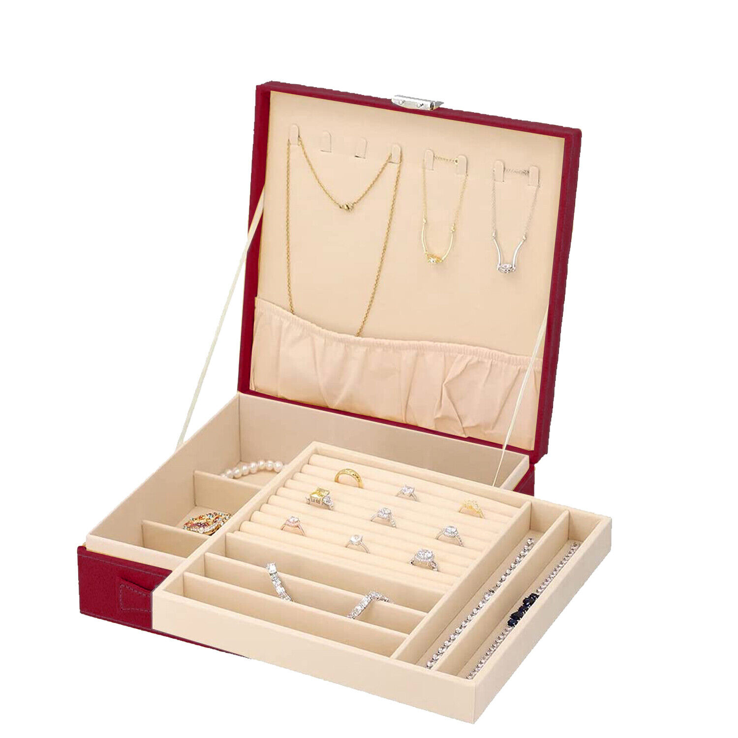 Burgundy Faux Velvet Jewelry Box Organizer 2Layer AntiTarnish Scratch Protection