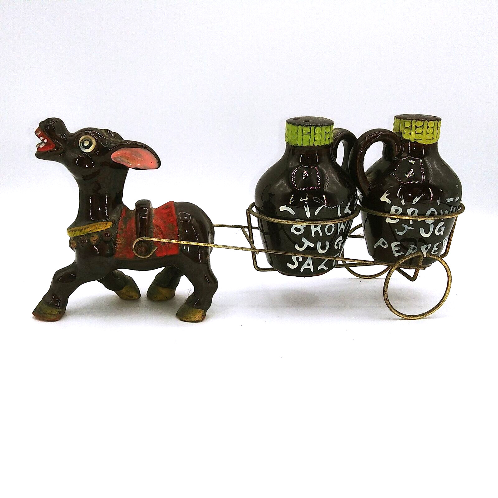 Vintage 1960\'s Donkey Burro Mule Little brown Jug Cart & Salt & Pepper Shakers