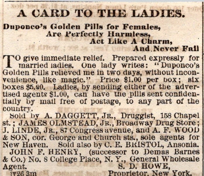 Card to the Ladies Duponco's Golden Pills for Females 1869 CT Clipping TAJ7-S21
