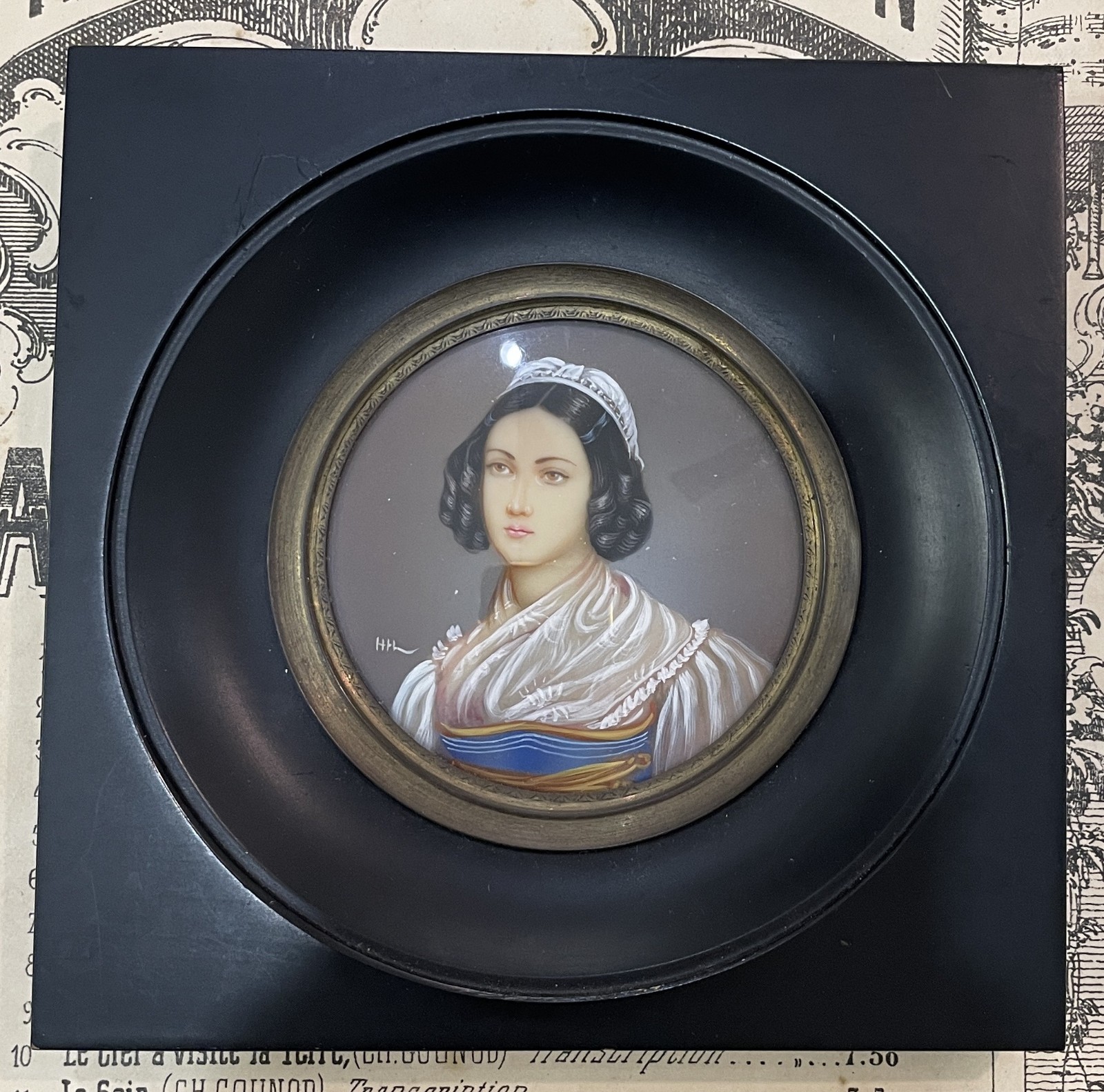 Antique French Hand Painted Miniature Woman Signed Hil c1900