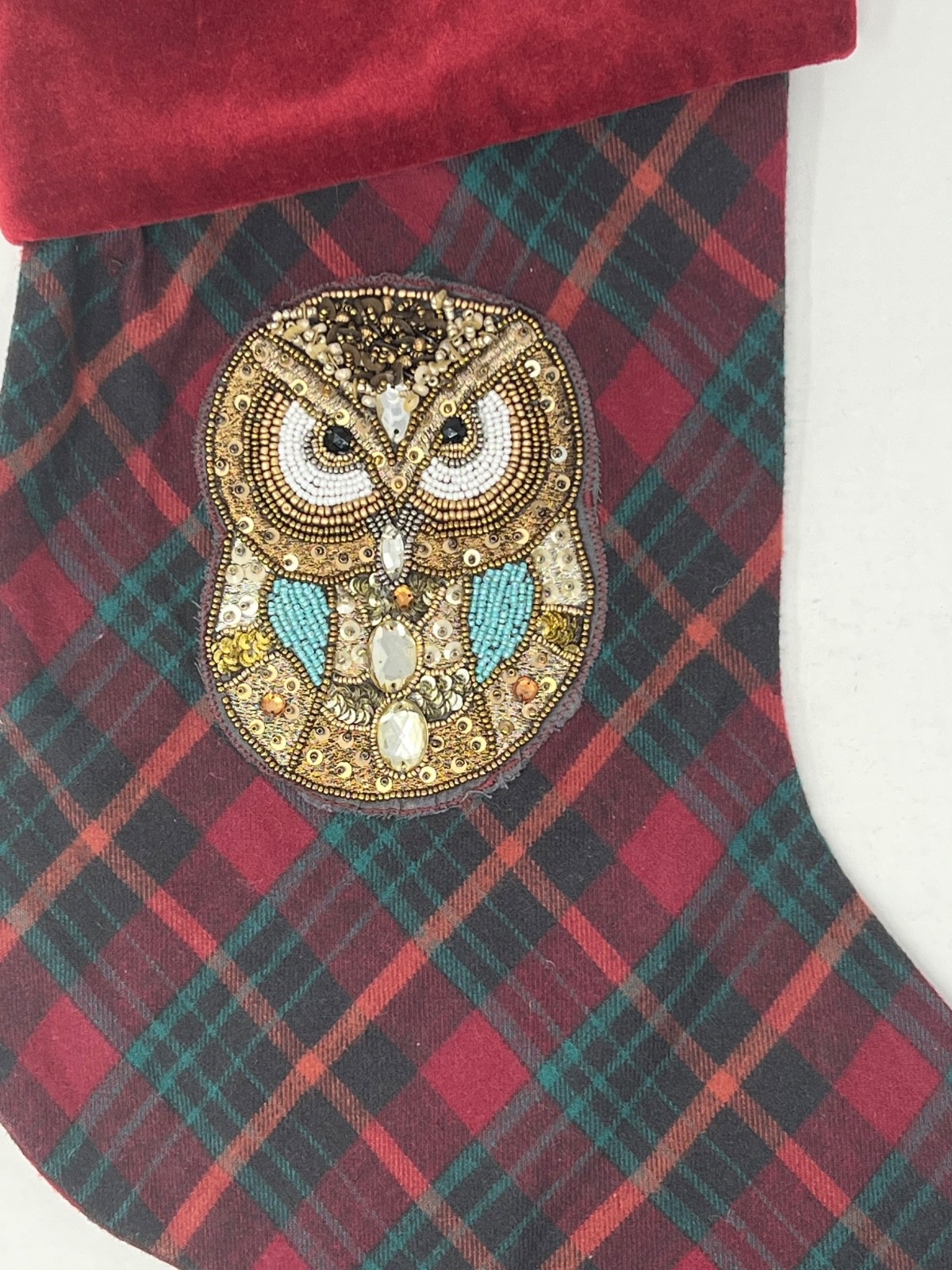 Pottery Barn Embellished Jeweled Plaid Christmas Stocking Owl 19.5\