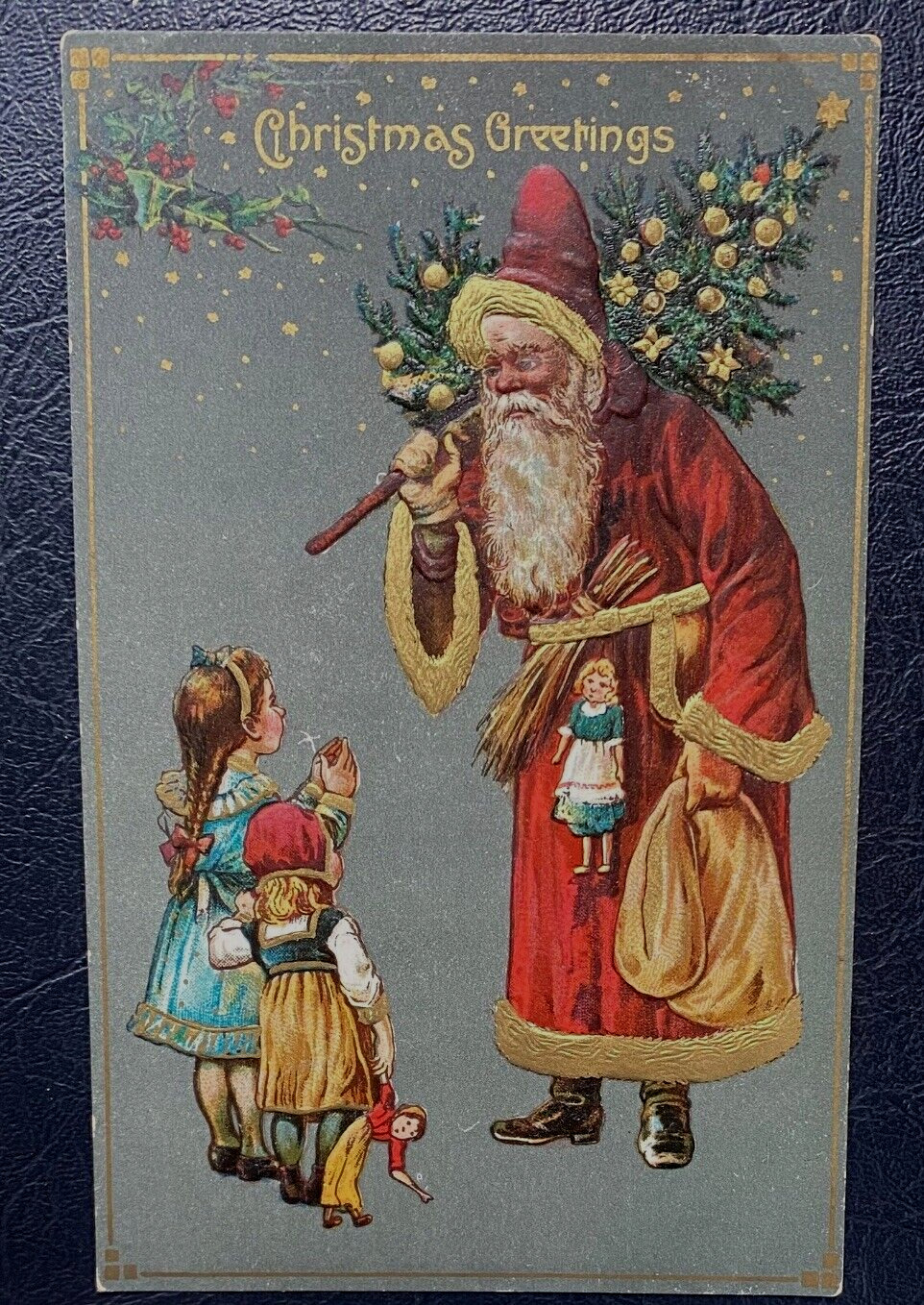 Long Red Robe Santa Claus with Children~Tree~Doll~ 1910 ~Christmas Postcard~k469