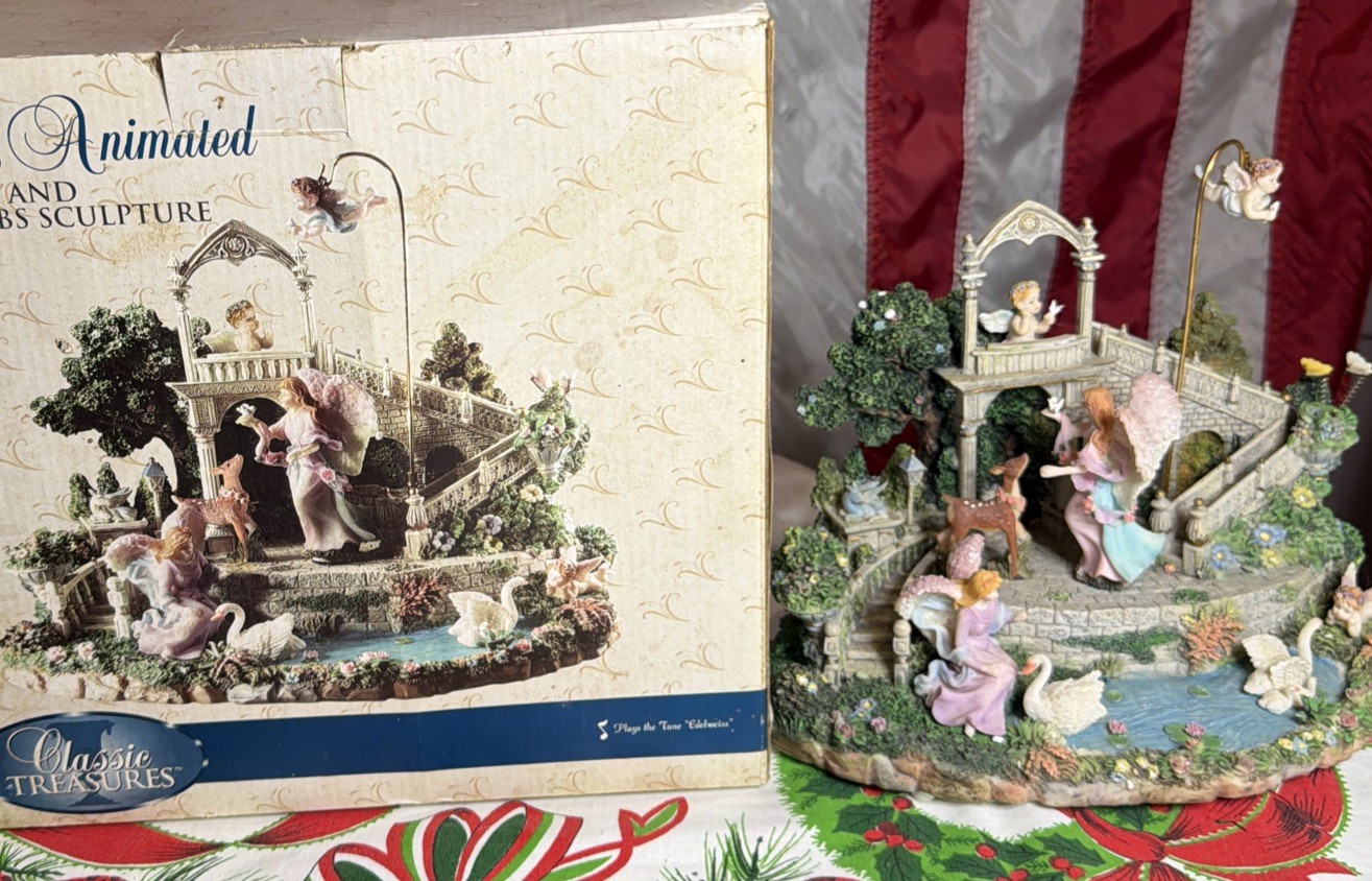 Vintage Classic Treasures Animated Musical Garden Angel Water Fountain Music Box
