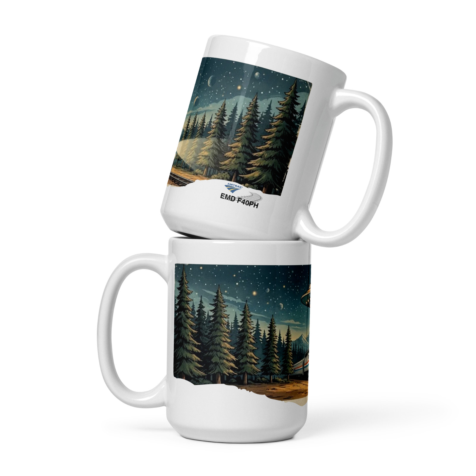 Amtrak EMD F40PH Starry UFO Mug 15oz Vintage Train Travel Gift Alien Sci-Fi Rail