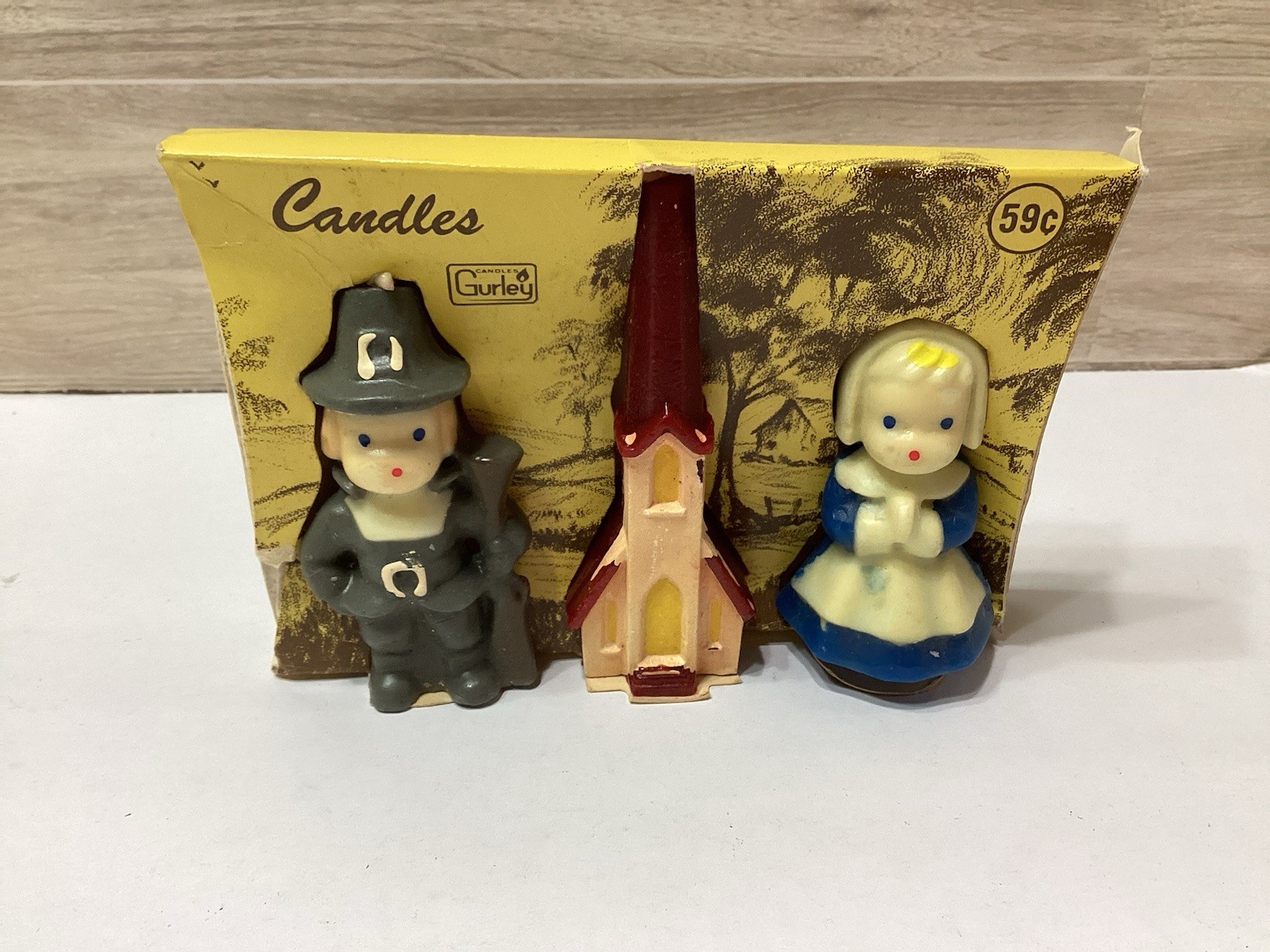 Vtg Gurley Thanksgiving Candles In Original Package Pilgrim Church