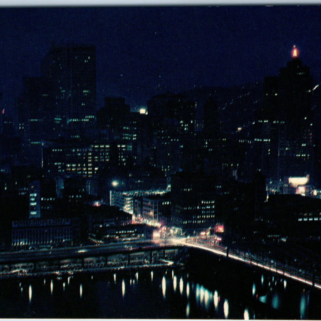 c1950s Pittsburgh, PA Night Skyline Postcard Gulf Building Golden Triangle